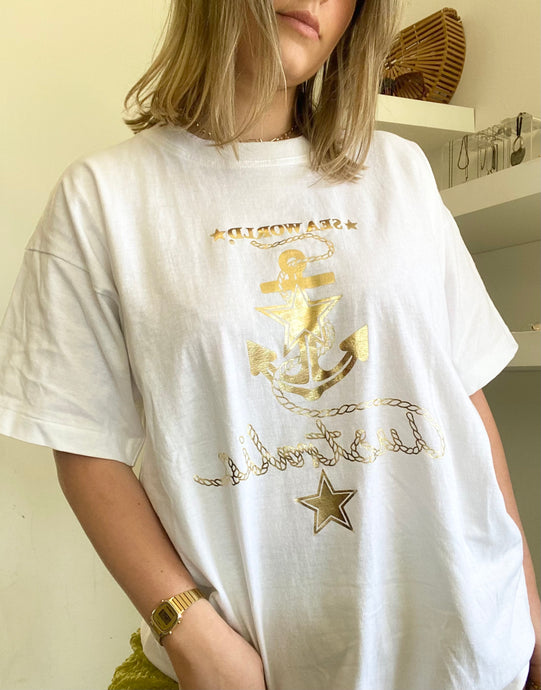80s Seaworld Gold Foil Print White Cotton Tee T-shirt