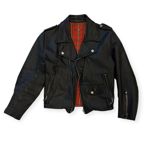 60s Black Country Life Genuine Leather Bike Jacket with Tartan Flannel Lining