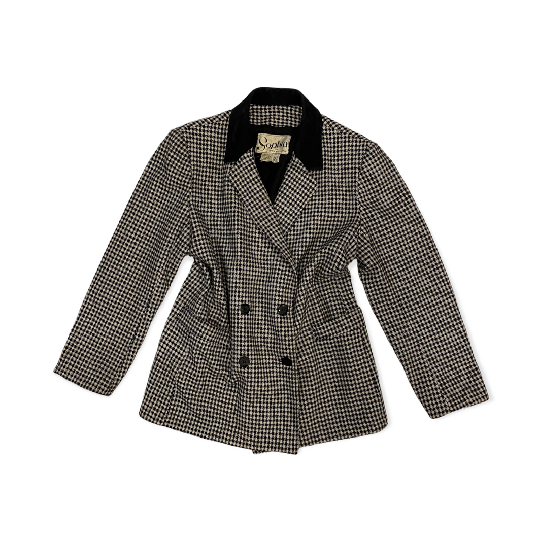 Vintage 80s Sofia of Melbourne Black White Houndstooth Check Wool Double Breasted Blazer